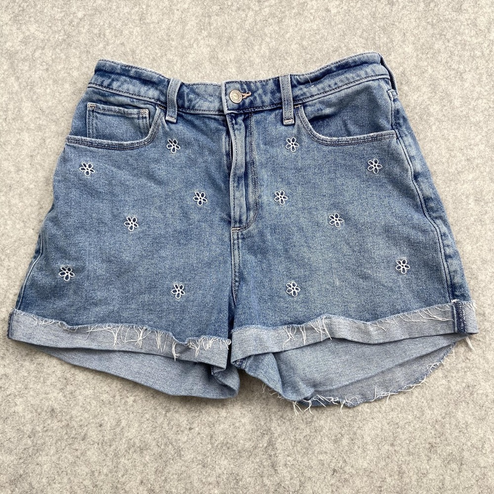 Hollister Curv Ultra High-Rise Mom Shorts Juniors 9 (28x2) Blue Floral Denim